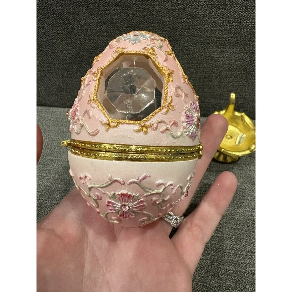 Jewelry Box Trinket Pink Gold Tone Band Pedestal Hanging Fake Crystals 5